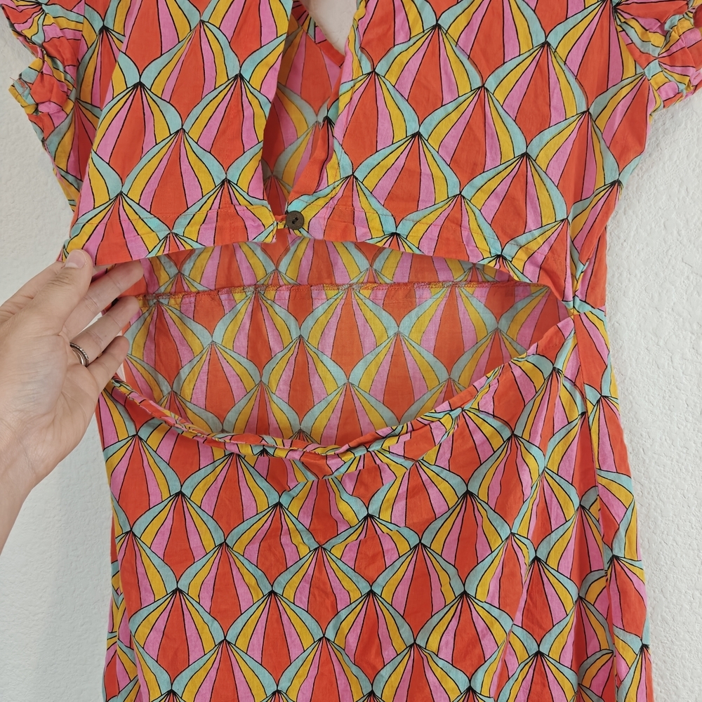 Kalimera Scalloped Geometric Cotton V-Neck Open Back Dress S/M Chic Summer Midi - Picture 14 of 16